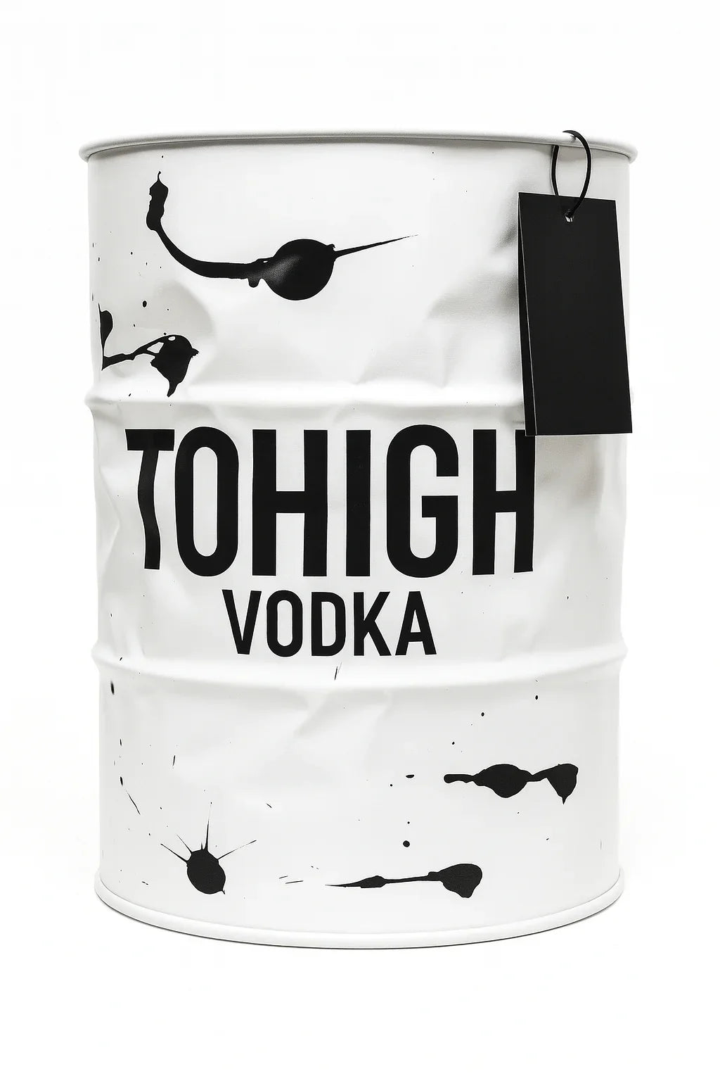 TOHIGH 60 L Premium Vodka Fass in Weiß mit schwarzen Farbspritzern und schwarzem Logo
