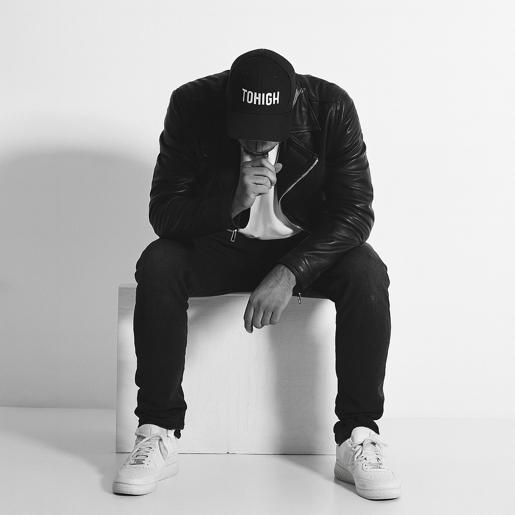 Maurice Granseier – Gründer und Markendesigner von TOHIGH – sitzt auf weißem Block und blickt nach unten, minimalistisches Porträt im Premium Stil