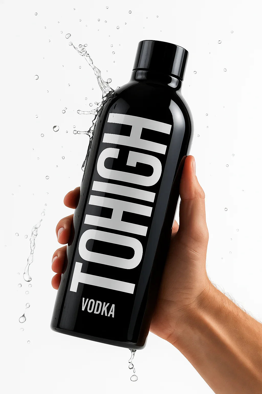 TOHIGH Premium Vodka schwarze Flasche in der Hand mit Wasserspritzern im Hintergrund