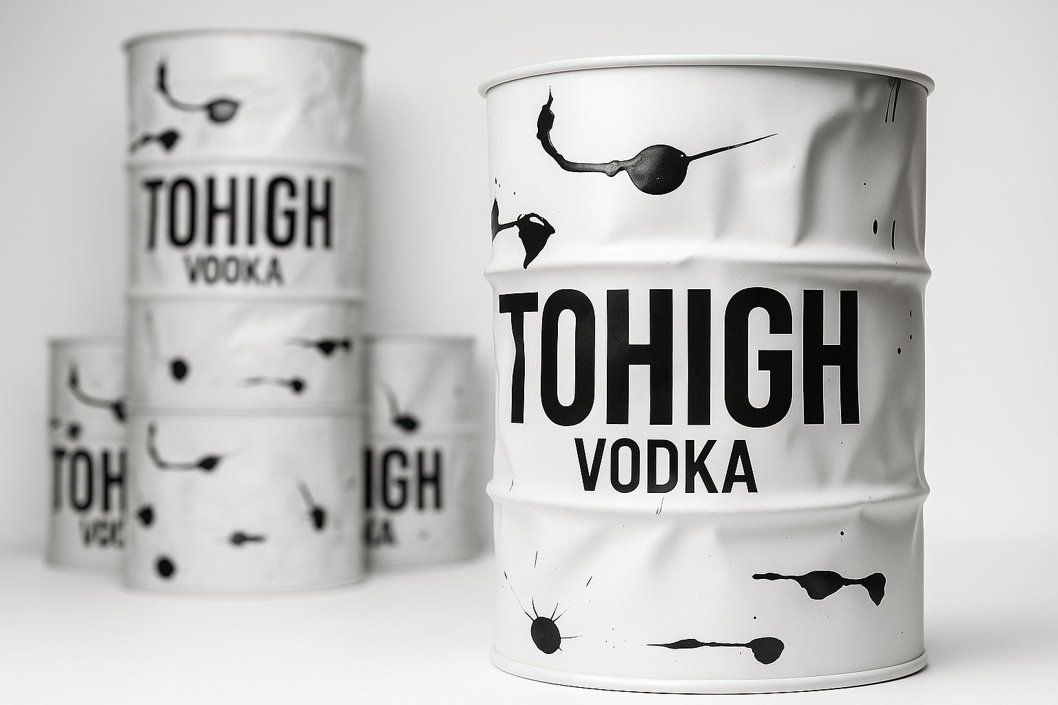 TOHIGH Premium Vodka 60 L Fass in Weiß mit schwarzen Farbspritzern und schwarzem Logo – Startseiten Titelbild Desktop