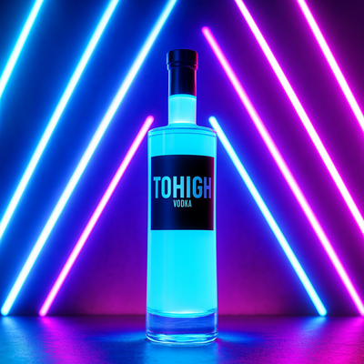 Blaue TOHIGH VODKA Flasche mit schwarzem Etikett – eiskalter Look und provokanter Premium-Vodka mit Stil.