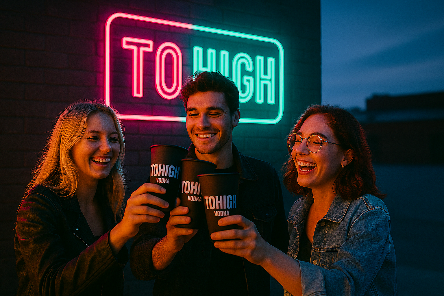 Drei junge Erwachsene feiern bei Sonnenuntergang mit TOHIGH VODKA Bechern vor einem leuchtenden Neon-Schild. Stylisch, provokant und perfekt für Party-Content, Social Media und Trend-Getränke.
